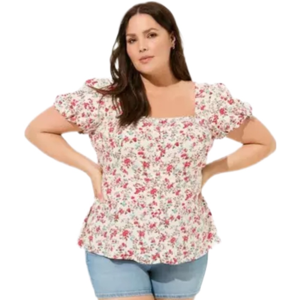 Torrid Peplum Challis Puff Short Sleeve Top Floral Print Size 10 Medium